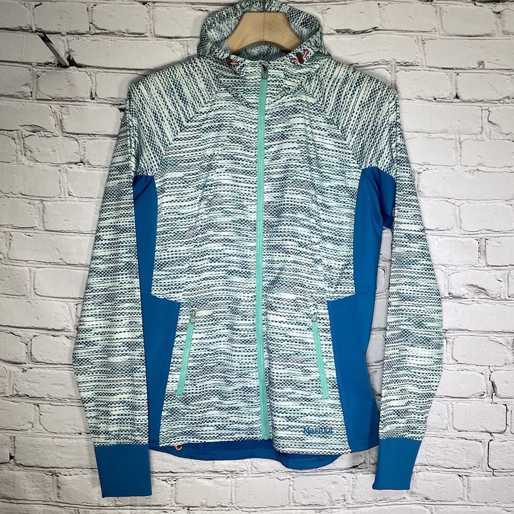 Marmot Muse Jacket Size L Weather Windbreaker Full Zip Hooded Blue Green White